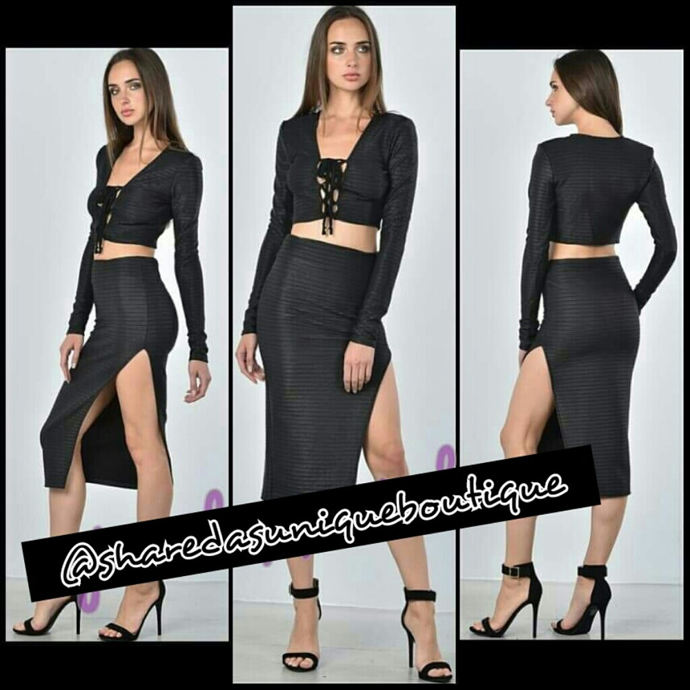 SEXY BLACK TEXTURED LACE UP TOP & HIGH SPLIT MIDI